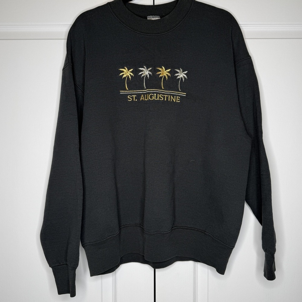 Vintage Fruit Of The Loom Sweatshirt Mens XL Black St Augustine Palm Trees Beach